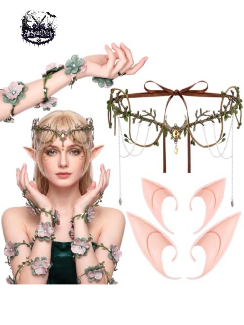 Renaissance Fairy Accessory Set Elf Crown Ears Arm Wrap Costume Cosplay